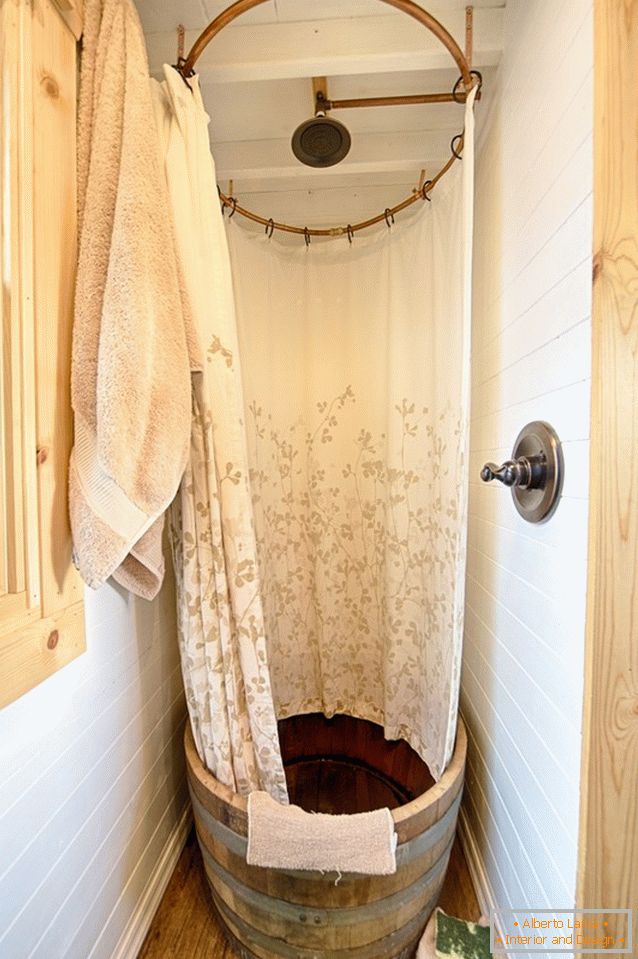 Shower in a wooden tub