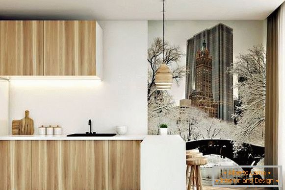 Scandinavian kitchen design with wall paper on the wall