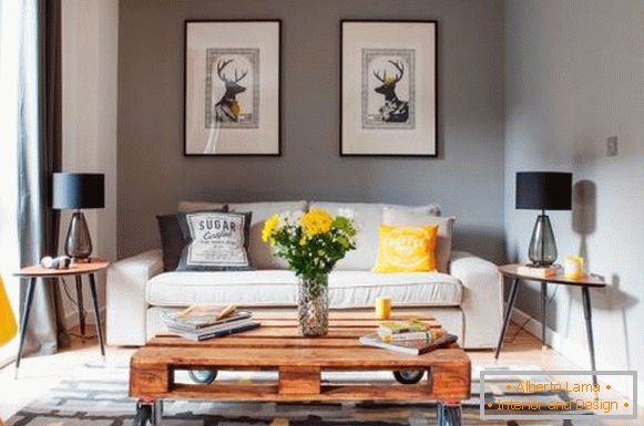 Stylish combination of colors with yellow in the living room