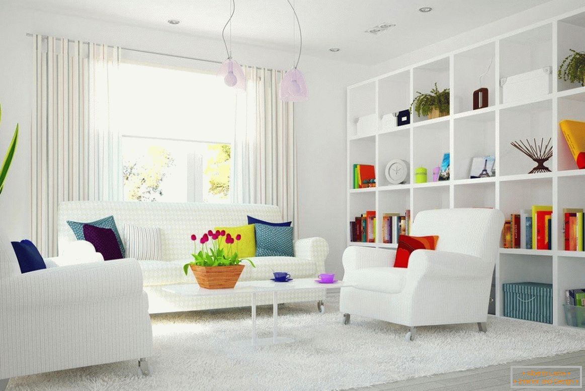 White interior combined with bright decor elements