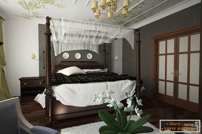 Elementary canopy design is an attractive solution for bedroom arrangement.