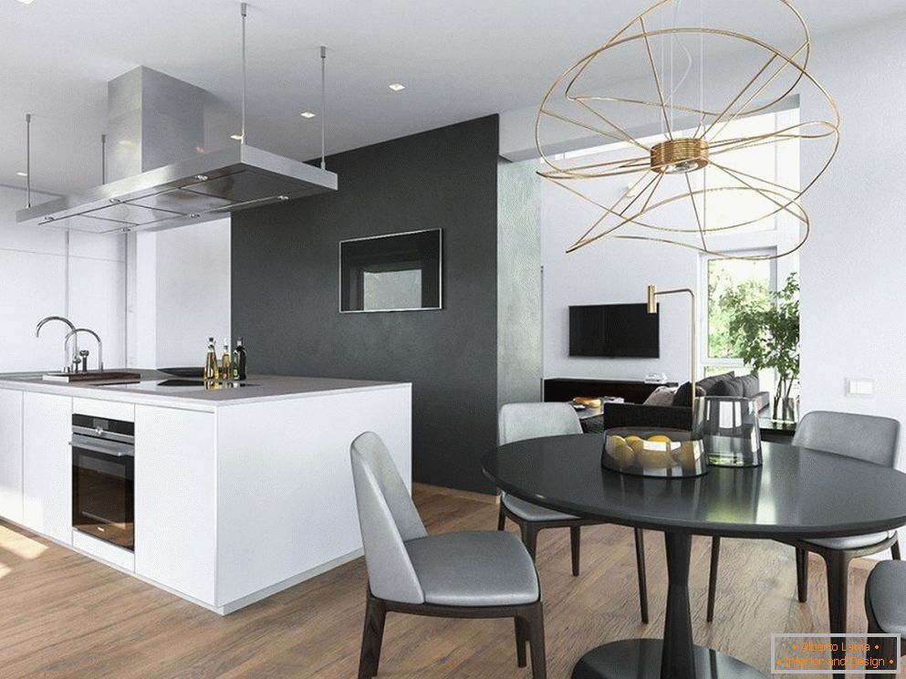 Black and white kitchen and dining room