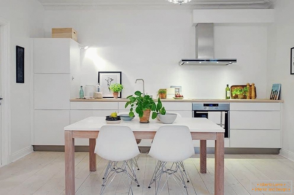 Spacious white kitchen with built-in fridge