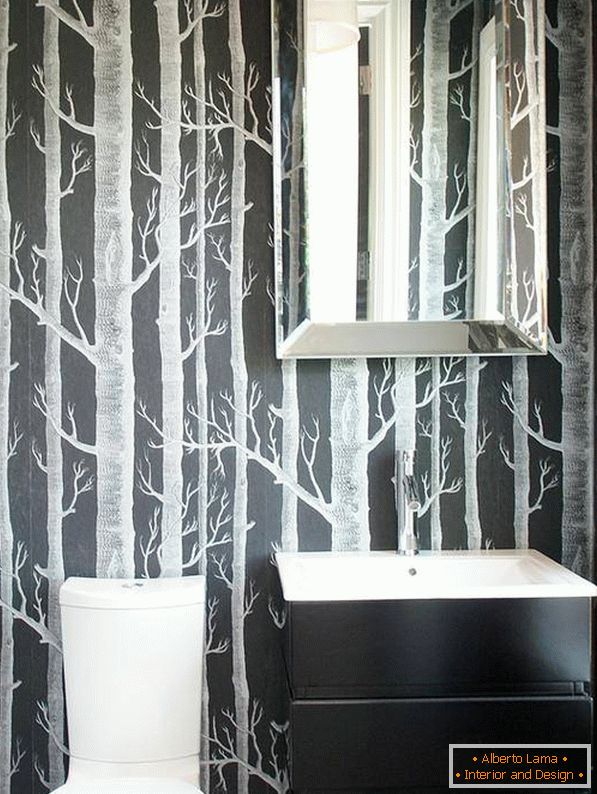 Design a small bathroom with black wallpaper