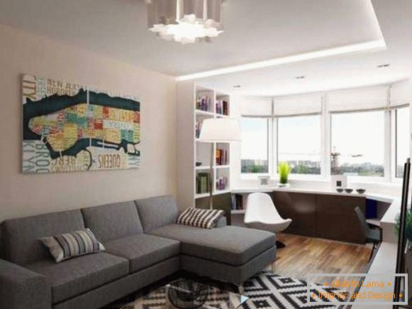 The design of a one-room apartment with a balcony is divided into two zones