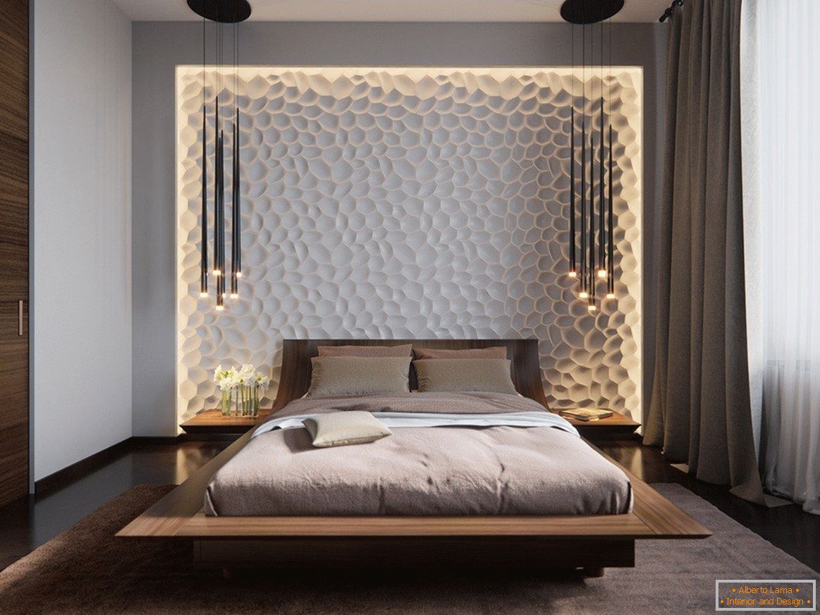 3D panels on the bedroom wall with lighting