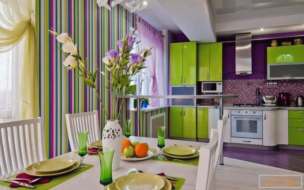 Design of green and purple kitchen