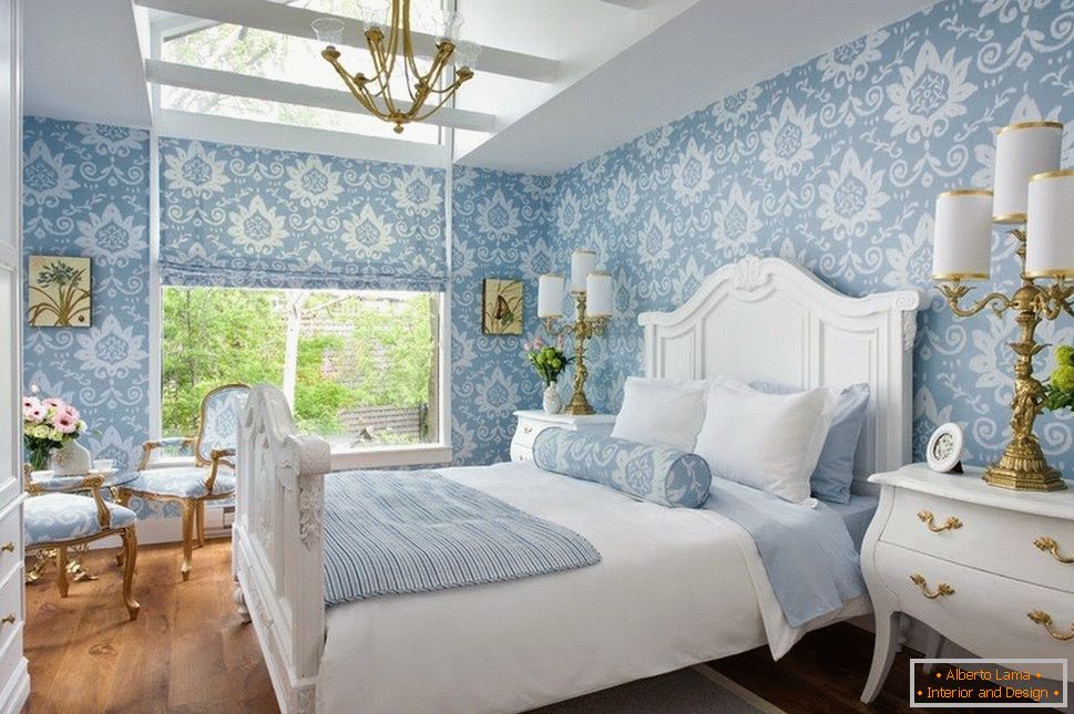 Light bedroom with curtains and blue walls