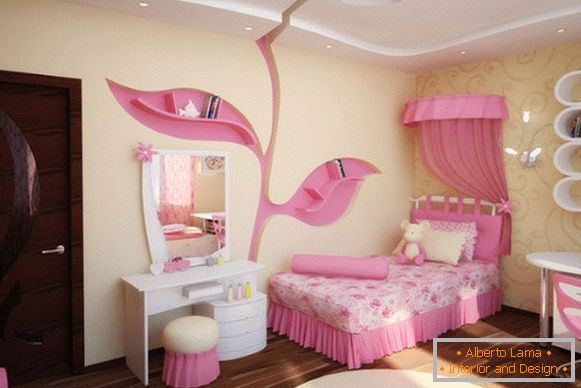 interior of a children's room for a girl in yellow and pink tones