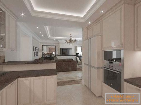 Interior of the living room kitchen in a private house in light colors with a dark top