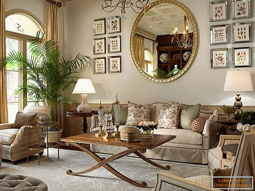 A large mirror will decorate the design of the living room in a classic style