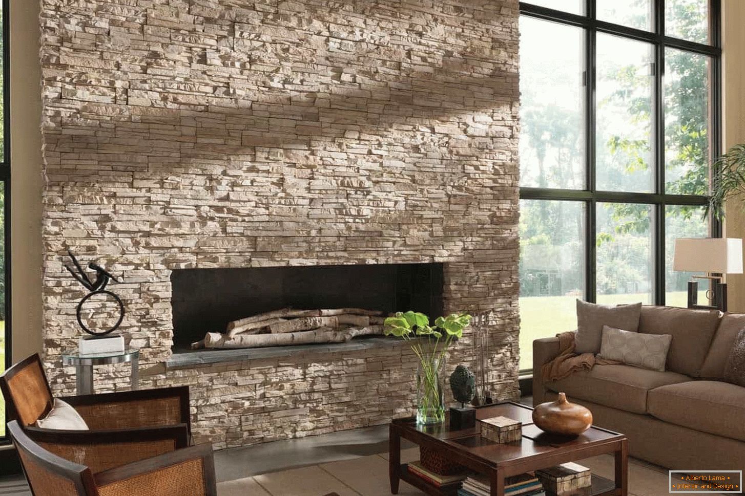 Artificial stone on the wall with a fireplace