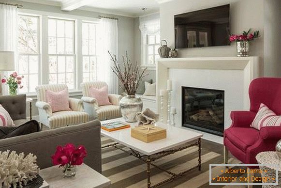 Gray-blue color in the interior in combination with beige and pink