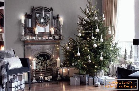 New Year's interior design with white ornaments