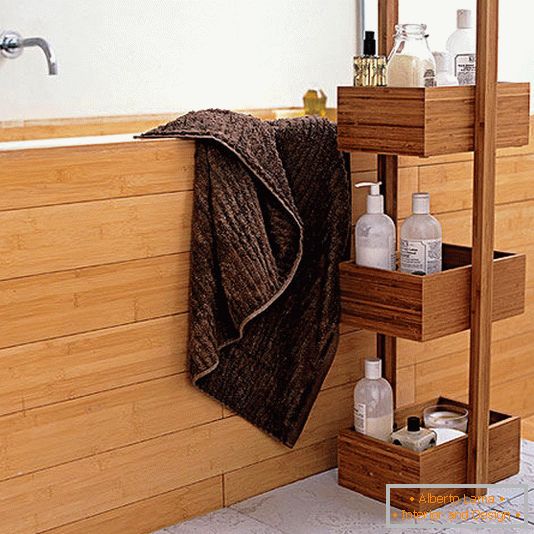 Wooden shelves in the bathroom