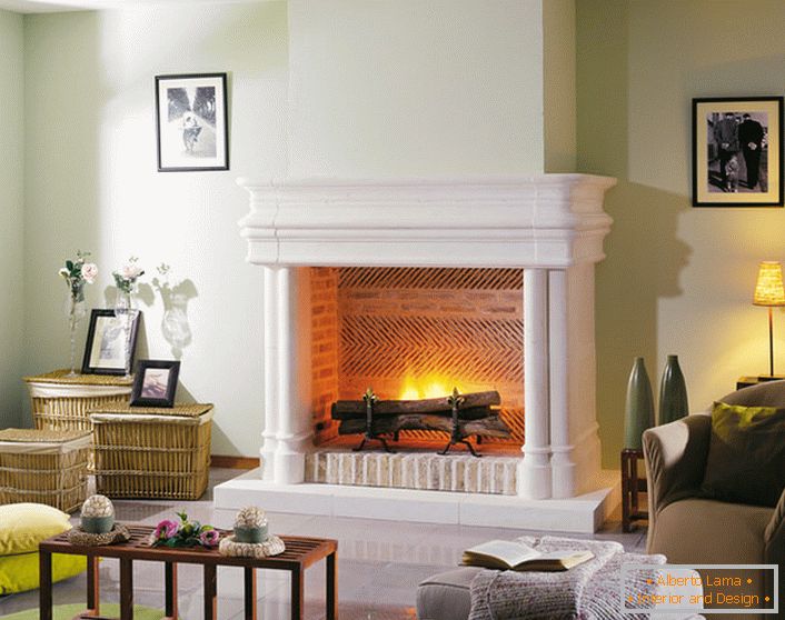 Snow-white wood burning fireplace in the living room