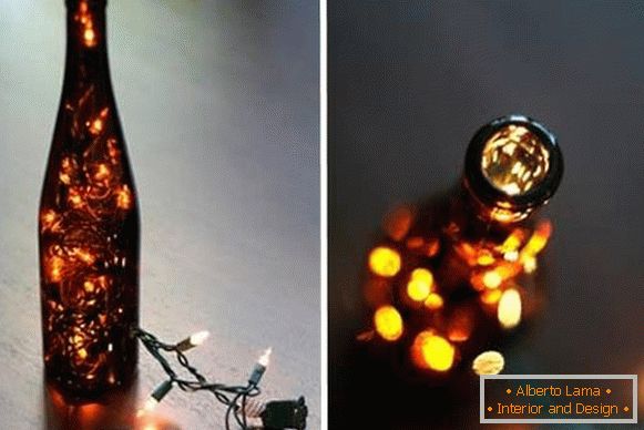 LED led garland in the decor of the wine bottle