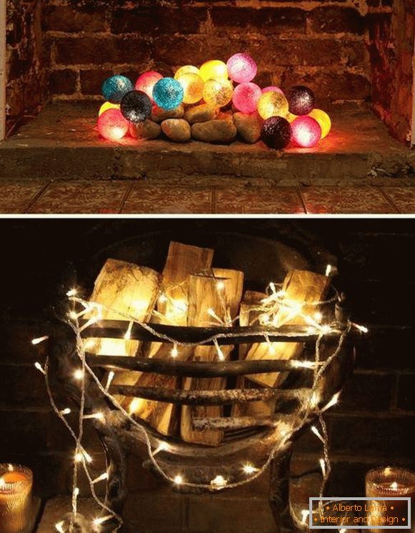LED garland balls and ordinary as a fireplace decor