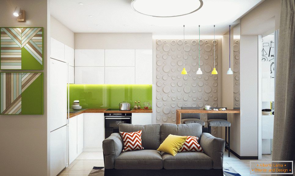 Living room and kitchen of a student apartment in Novosibirsk