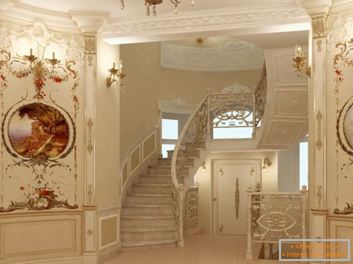 Contrasting vintage paintings in an interesting processing and exquisite staircase in the house of a prosperous French family.