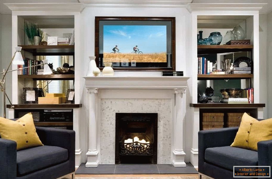TV in the interior of the living room with a fireplace