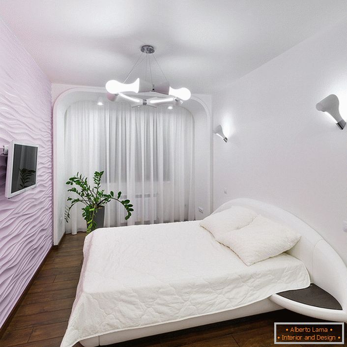 The bedroom is high-tech in soft light colors with no extra furniture.