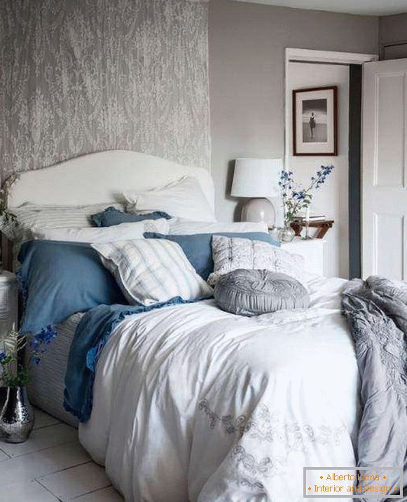 Shebbie chic bedroom with gray walls, white and blue decor