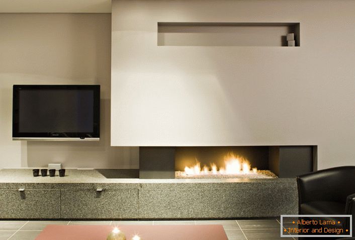 Gas fireplace in the living room in a minimalist style