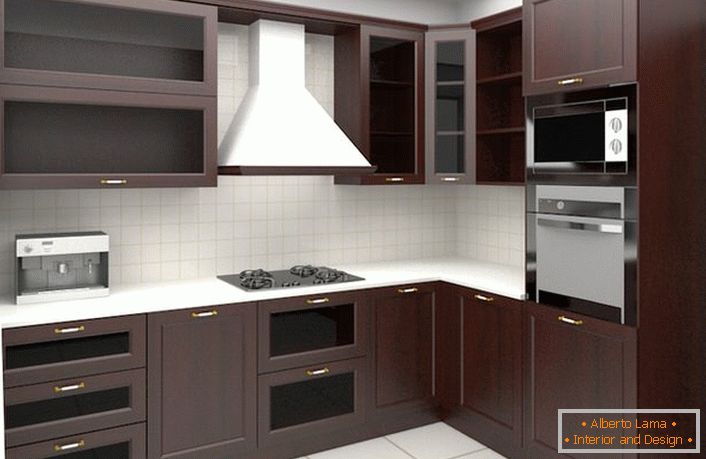Corner kitchen furniture with built-in appliances.