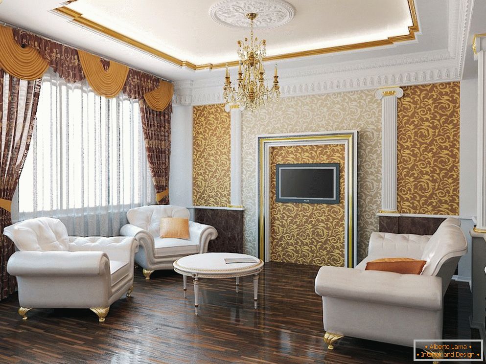 Shades of gold and white in the interior of the living room