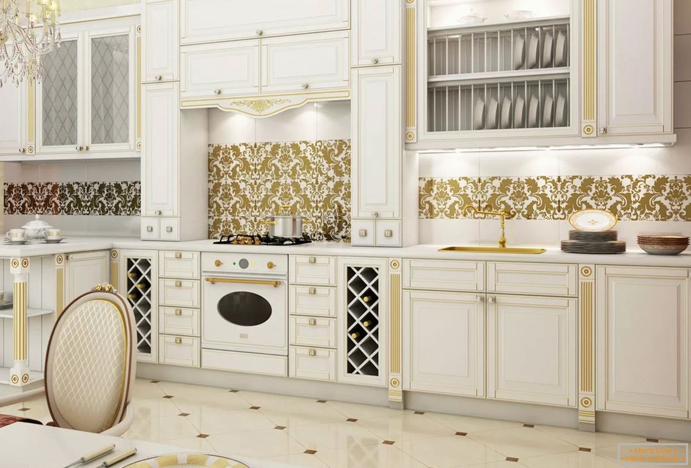 White and gold in the interior and design of the kitchen