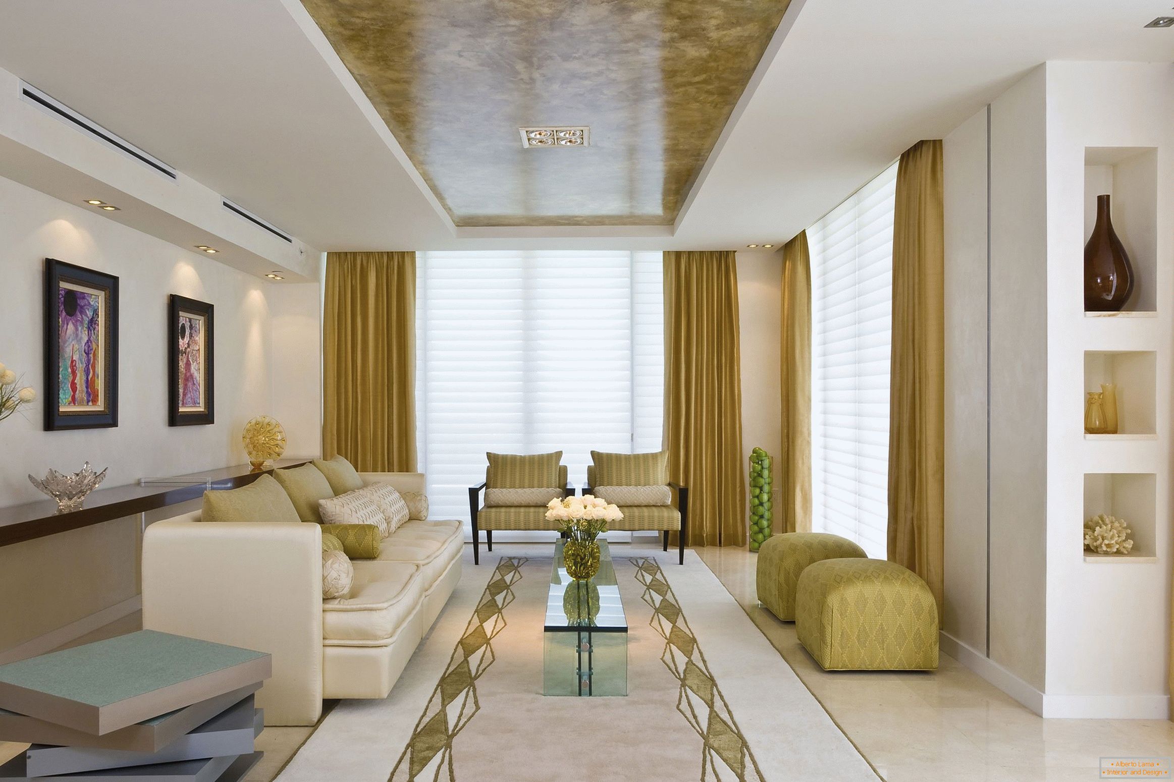 The combination of gold and white in the interior of the living room