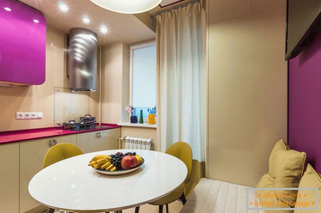 Design a small kitchen in white and purple flowers