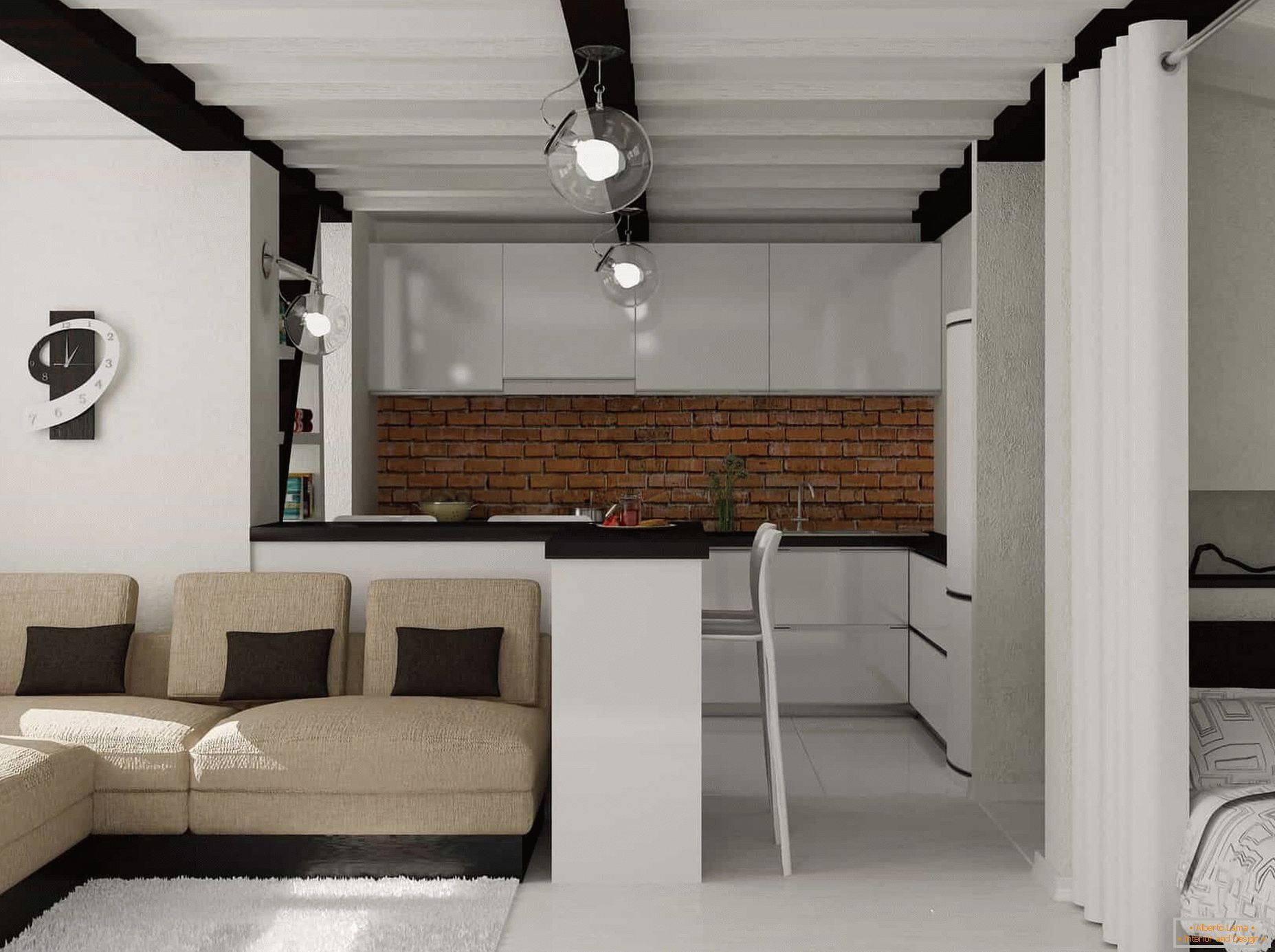 Design of a one-room apartment with a child - interior photo