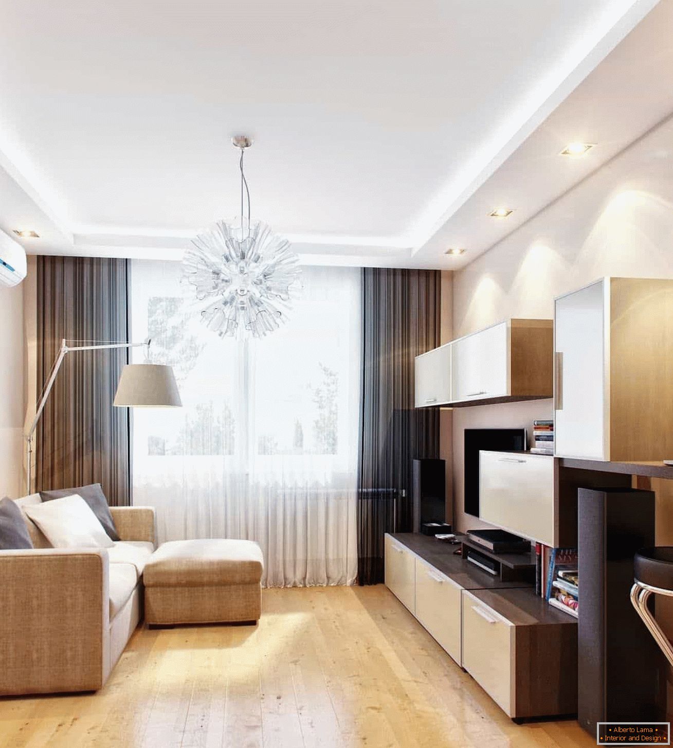 Ideas for design of a narrow living room with a photo