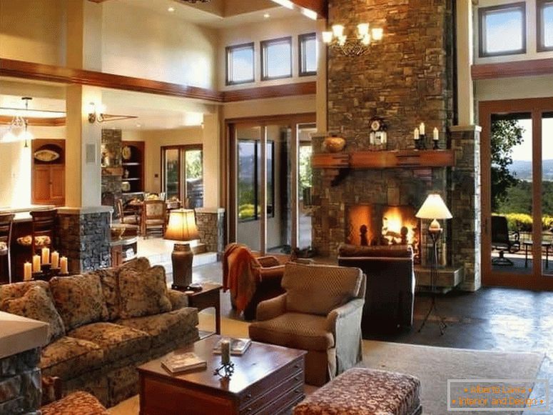 Interior of the living room with a fireplace in the house -