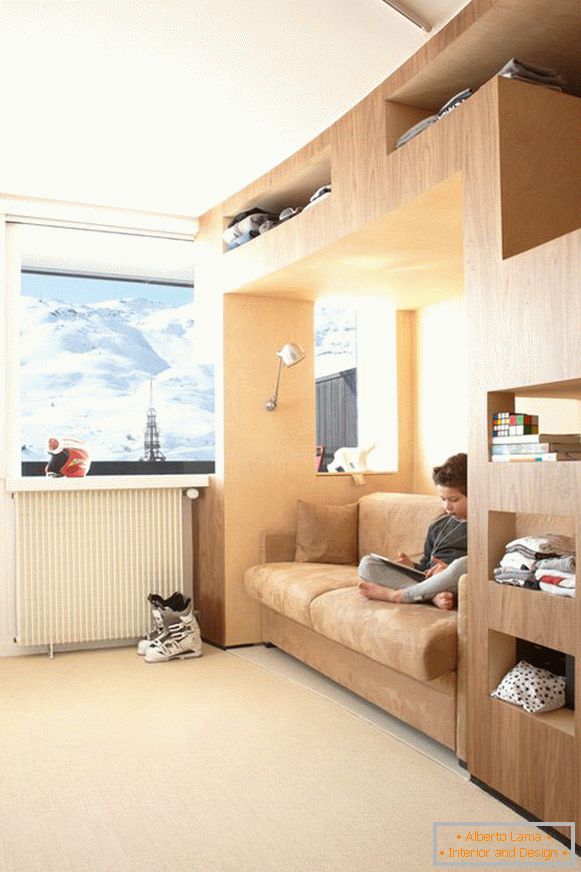 Attractive interior of a small guest apartment in the ski