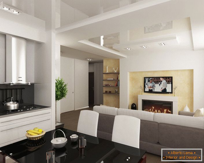 Features of the design combined with the living room kitchen