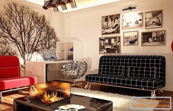 Bright design of a one-room apartment on the background of