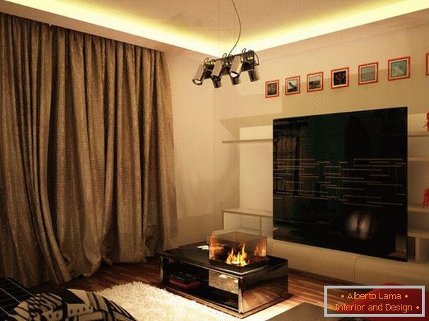 Bright design of a one-room apartment on the background of